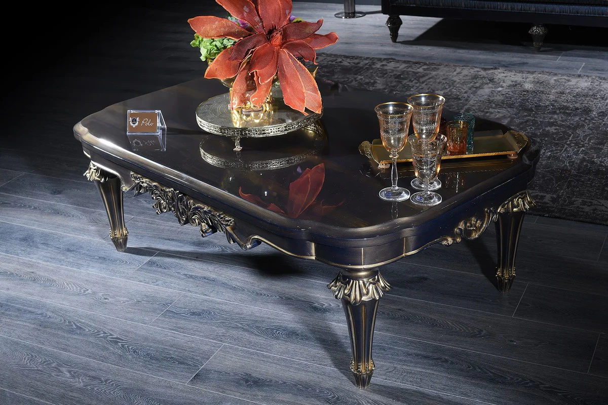 Luxus Barock Wohnzimmer & Esszimmer Set Blau / Schwarz / Gold - Barockmöbel