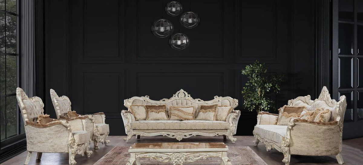 Luxus Barock Wohnzimmer Set Beige / Braun / Antik Weiß / Gold - 2 Barock Sofas mit Muster & 2 Barock Sessel mit Muster & 1 Barock Couchtisch - Barock Wohnzimmer Möbel