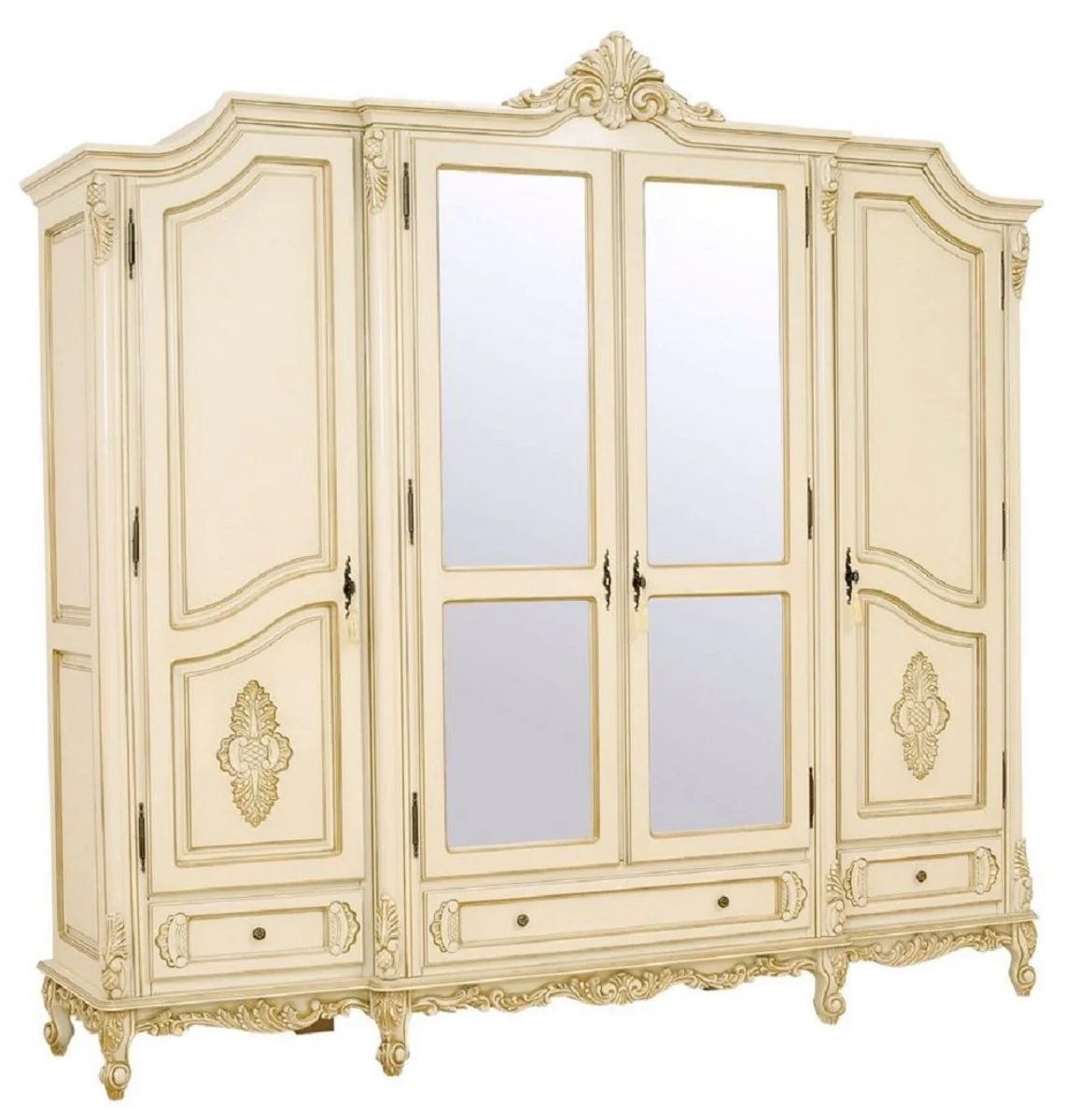Luxus Barock Schlafzimmerschrank Creme / Beige - Prunkvoller Massivholz Schrank mit 4 Türen und 3 Schubladen - Barock Kleiderschrank - Barock Schlafzimmer Möbel