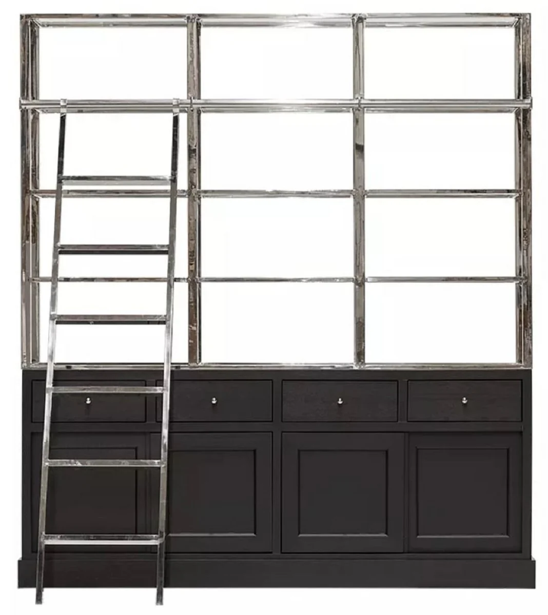 Regalschrank mit Leiter Schwarz / Silber 219 x 43 x H. 240 cm - Bücherschrank - Wohnzimmer Schrank - Büro Schrank - Wohnzimmer Möbel - Büro Möbel - Luxus Möbel
