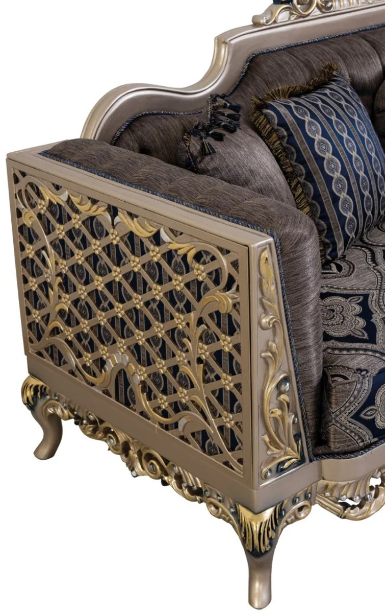 Luxus Barock Wohnzimmer Set Blau / Silber / Gold - 2 Sofas & 2 Sessel & 1 Couchtisch - Prunkvolle Barock Wohnzimmer Möbel