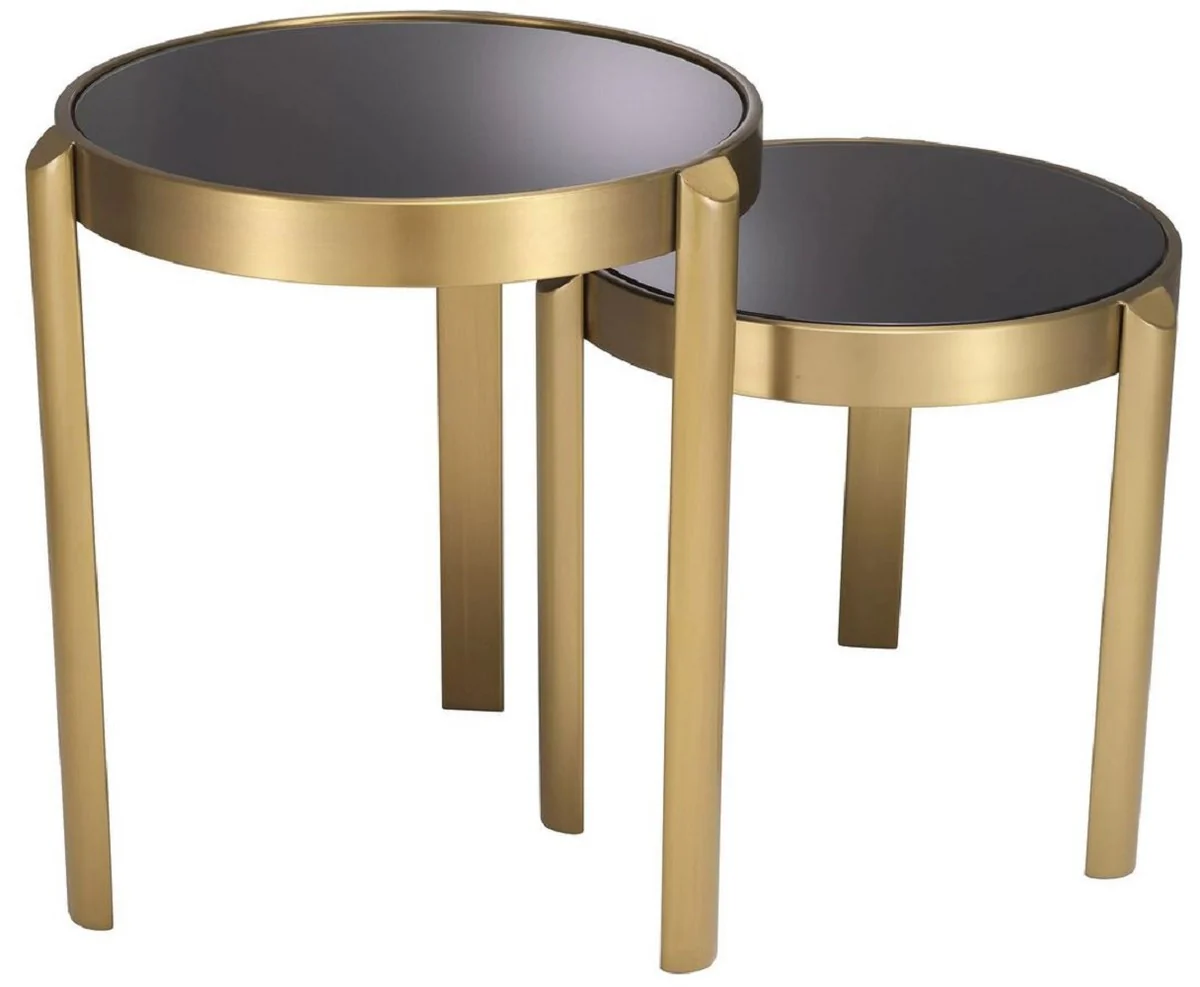 Luxus Beistelltisch Set Messing / Schwarz - 2 runde Edelstahl Tische mit Glasplatten - Wohnzimmer Möbel - Hotel Möbel - Luxus Möbel - Luxus Einrichtung - Möbel Luxus