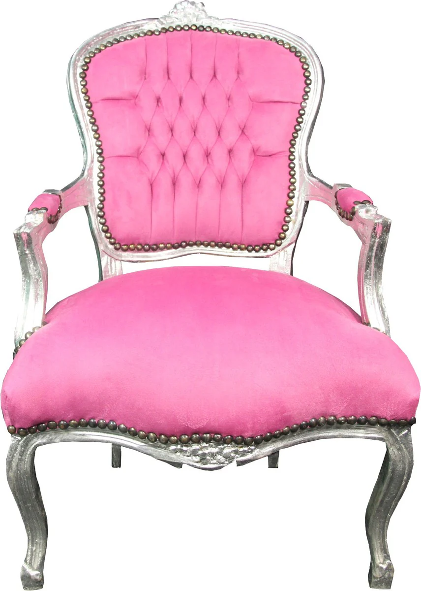 Barock Salon Stuhl Rosa / Silber - Barock Antik Stil Möbel