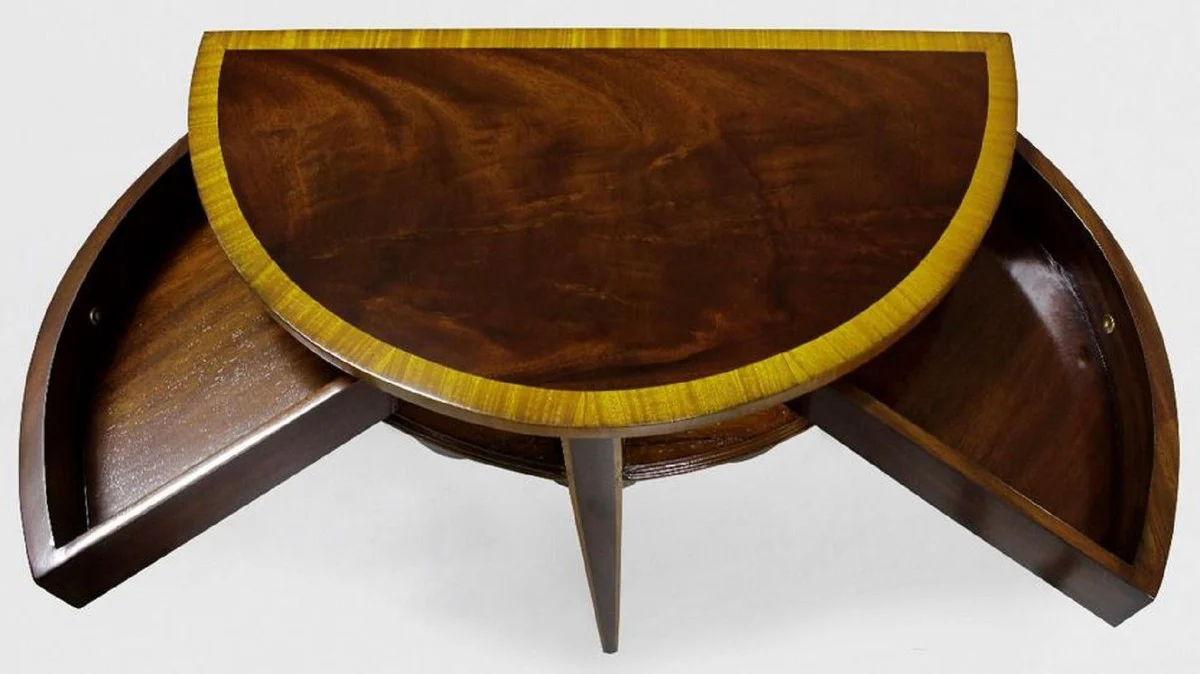 Luxus Barock Beistelltisch Dunkelbraun / Hellbraun 71 x 36 x H. 74 cm - Halbrunder Mahagoni Tisch mit 2 Schubladen - Nachttisch - Nachtkommode - Barock Möbel