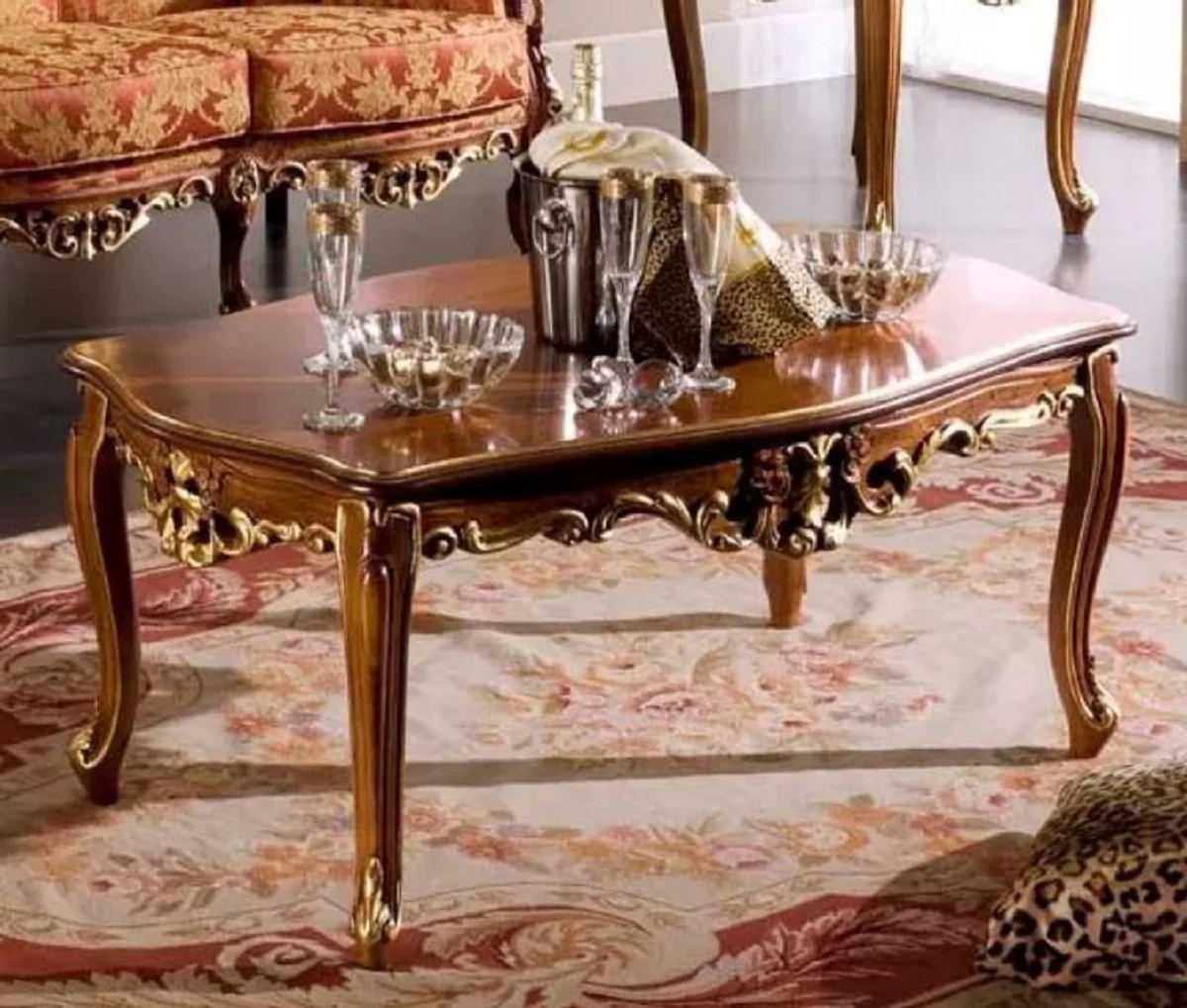 Luxus Barock Couchtisch Braun / Gold - Handgefertigter Massivholz Tisch im Barockstil - Barock Wohnzimmer Möbel - Luxus Qualität - Made in Italy
