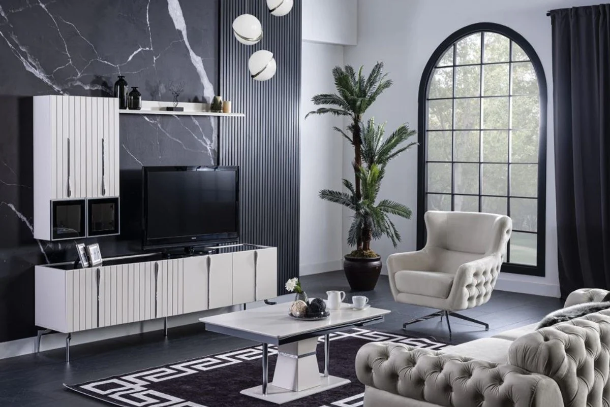 Luxus Art Deco Couchtisch Weiß / Grau / Silber 102 x 70 x H. 47 cm - Rechteckiger Wohnzimmertisch - Luxus Wohnzimmer Möbel