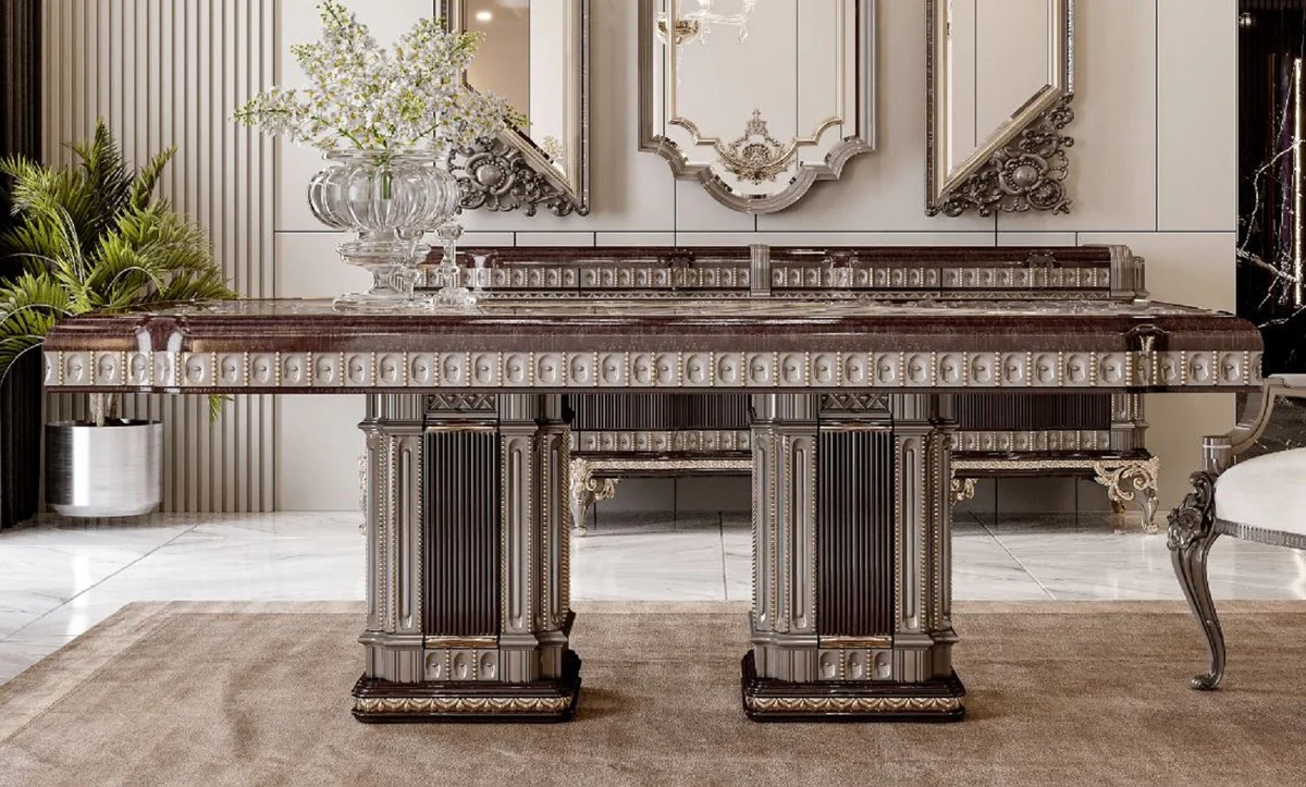 Luxus Barock Esstisch Dunkelbraun / Grau 250 cm