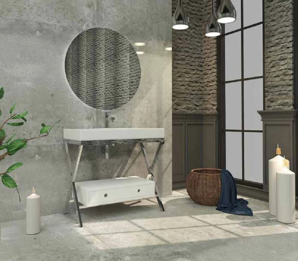 Luxus Badezimmer Set Silber / Weiß - 1 Waschtisch mit Schublade und 1 Waschbecken und 1 LED Wandspiegel - Luxus Qualität