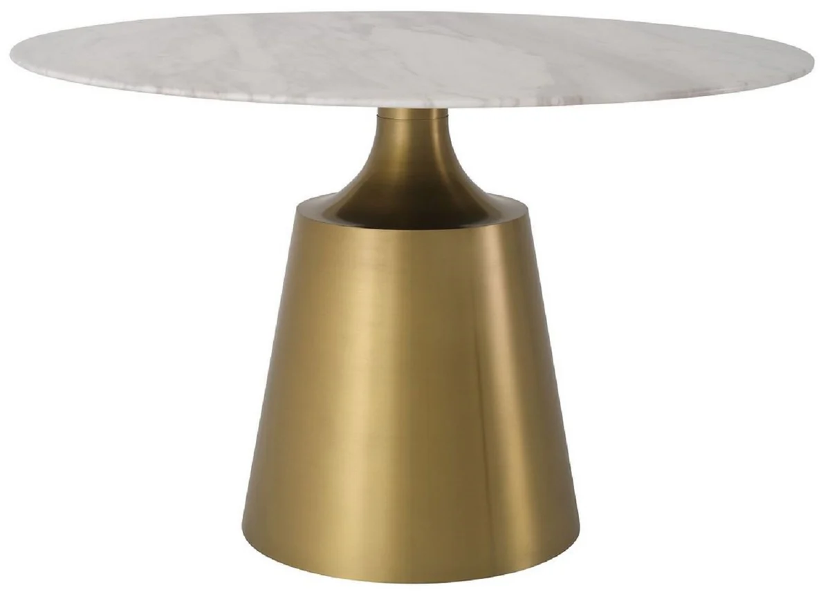 Luxus Esstisch Weiß / Messingfarben Ø 120 x H. 77 cm - Runder Esszimmertisch mit Marmorplatte - Esszimmer Möbel - Luxus Qualität