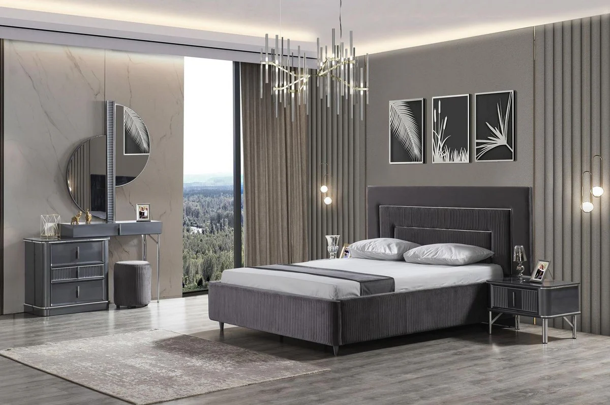 Luxus Schlafzimmer Schminktisch Set Grau / Silber - 1 Schminkkommode mit Spiegel & 1 Hocker - Luxus Schlafzimmer Möbel