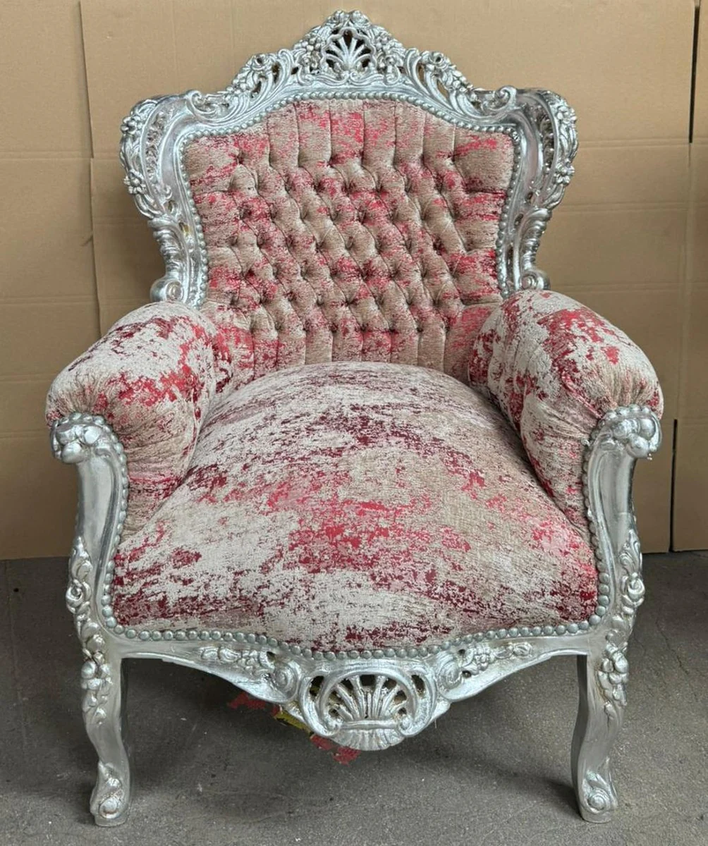 Barock Sessel Rot / Beige / Silber - Prunkvolle Barock Möbel