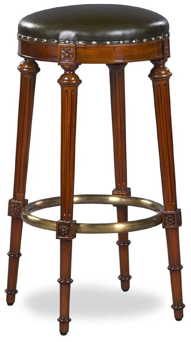 Luxus Jugendstil Barhocker Braun / Schwarz / Messing Ø 36 x H. 76 cm - Runder gepolsterter Mahagoni Barstuhl mit Echtleder - Bar Möbel - Leder Möbel - Luxus Möbel - Luxus Qualität