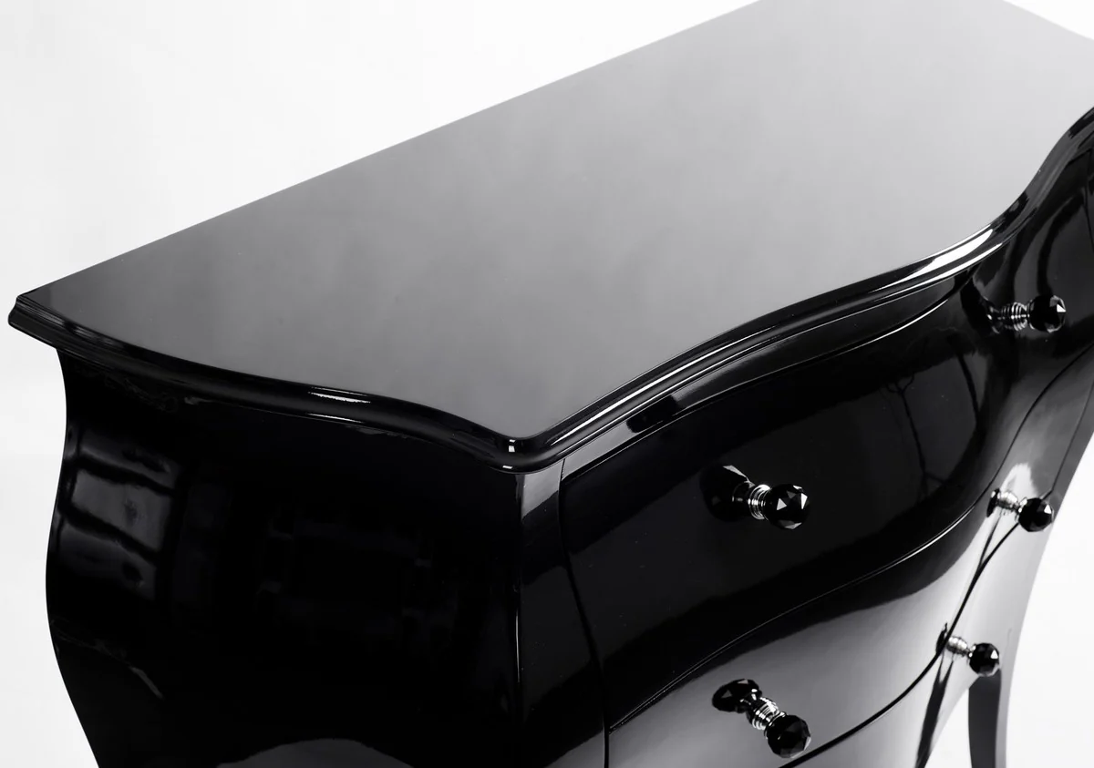 Luxus Barock Kommode Hochglanz Schwarz - Handgefertigte Massivholz Kommode mit 3 Schubladen - Luxus Möbel im Barockstil - Barock Möbel - Barock Einrichtung - Edel & Prunkvoll
