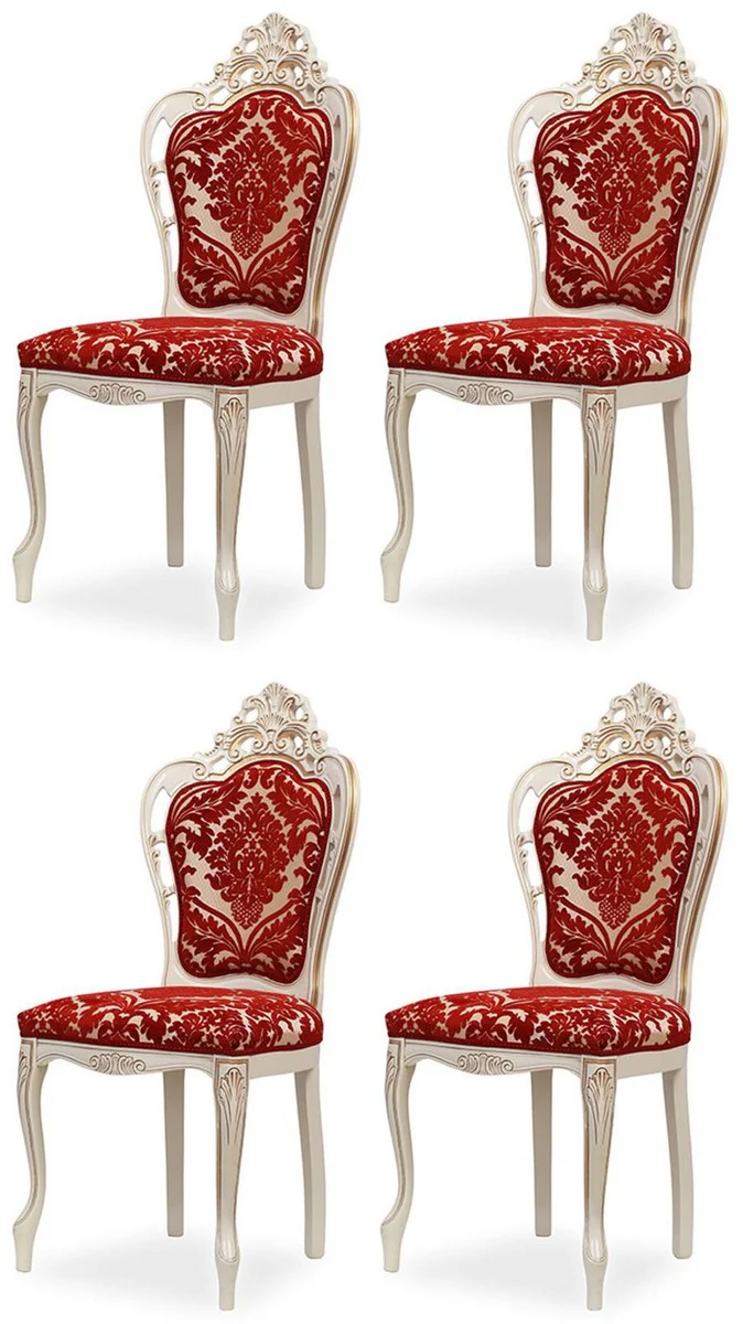 Luxus Barock Esszimmer Stuhl 4er Set mit elegantem Muster Rot / Weiß / Beige / Gold - Barockstil Küchen Stühle - Prunkvolle Luxus Esszimmer Möbel im Barockstil - Edel & Prunkvoll