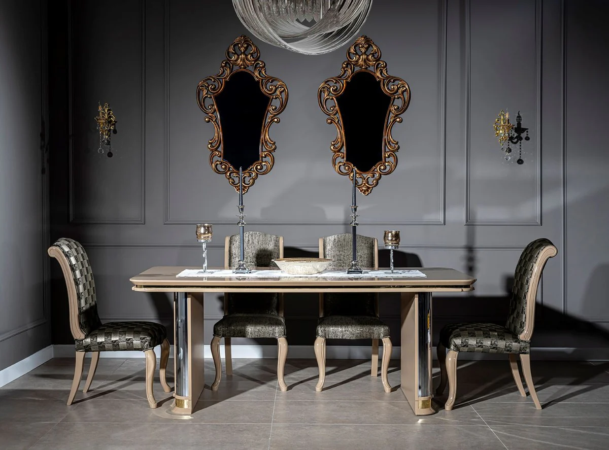 Luxus Art Deco Esstisch Beige / Gold - Edler Massivholz Küchentisch - Art Deco Esszimmer Möbel