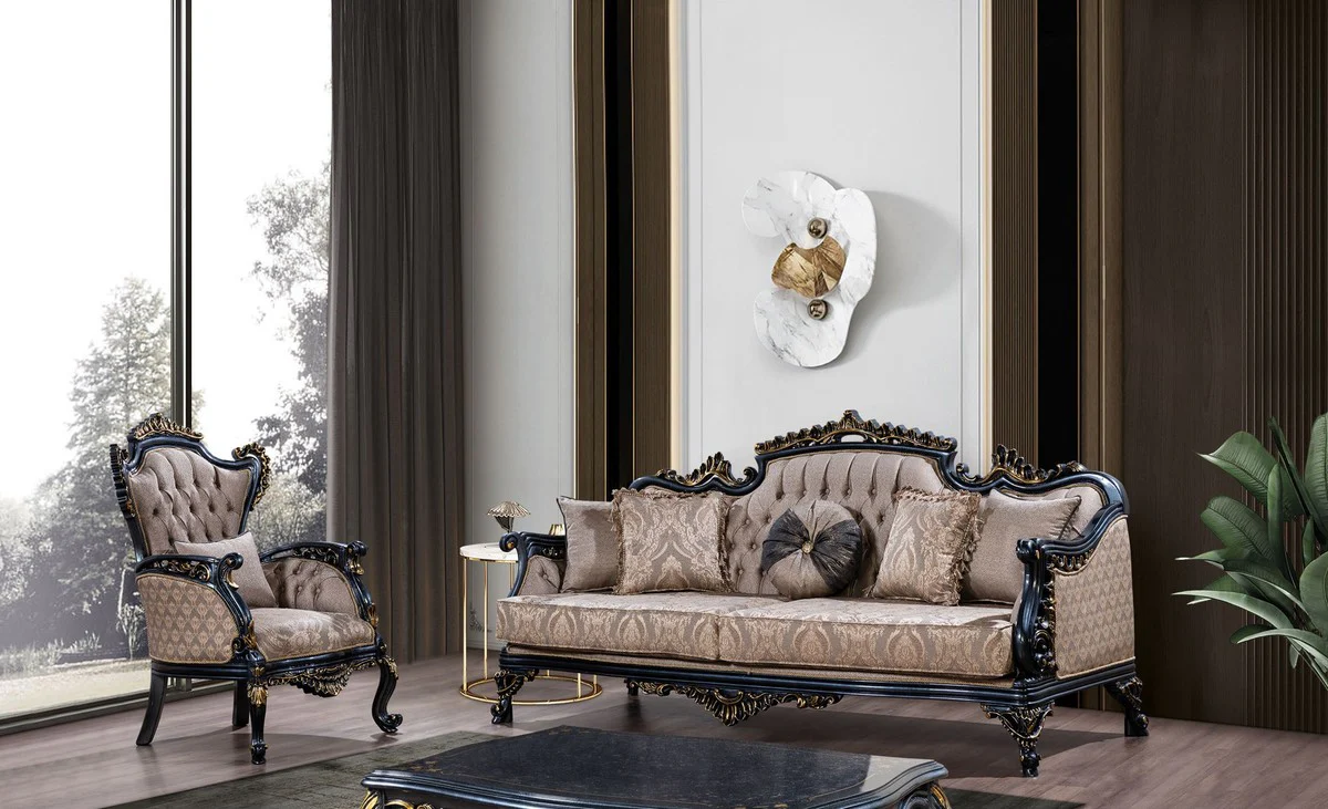 Luxus Barock Sofa Grau / Blau / Gold - Barockstil Wohnzimmer Sofa mit elegantem Muster - Luxus Wohnzimmer Möbel im Barockstil - Barock Möbel - Barock Einrichtung