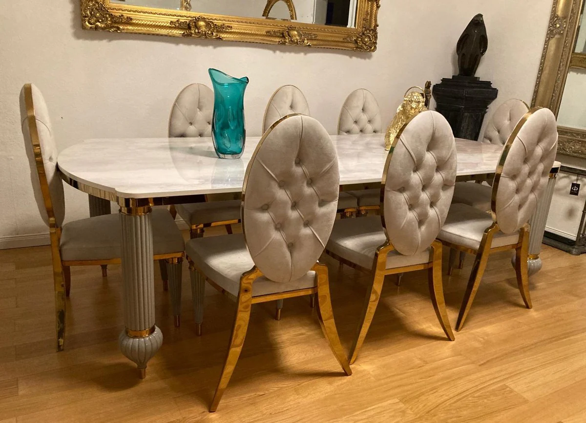 Luxus Art Deco Esszimmer Set Weiß / Grau / Gold - 1 Art Deco Esstisch mit Kunstmarmor Tischplatte & 8 Art Deco Esszimmerstühle - Prunkvolle Art Deco Esszimmer Möbel - Luxus Qualität
