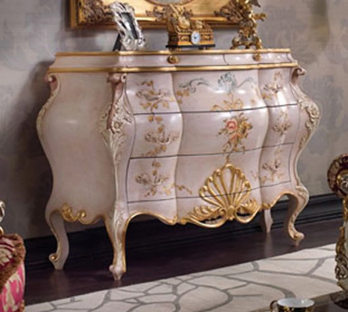 Luxus Barock Kommode Rosa / Mehrfarbig / Gold - Handgefertigte Massivholz Kommode mit 5 Schubladen - Luxus Schlafzimmer Möbel im Barockstil - Luxus Qualität - Made in Italy