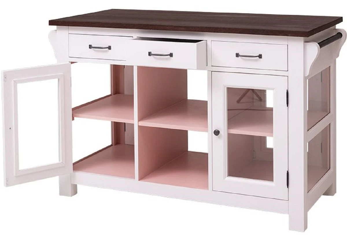 Landhausstil Kücheninsel Hellgrau / Rosa / Dunkelbraun 135 x 65 x H. 90 cm - Massivholz Esszimmerschrank - Landhausstil Massivholz Küchen Möbel - Esszimmer Möbel im Landhausstil