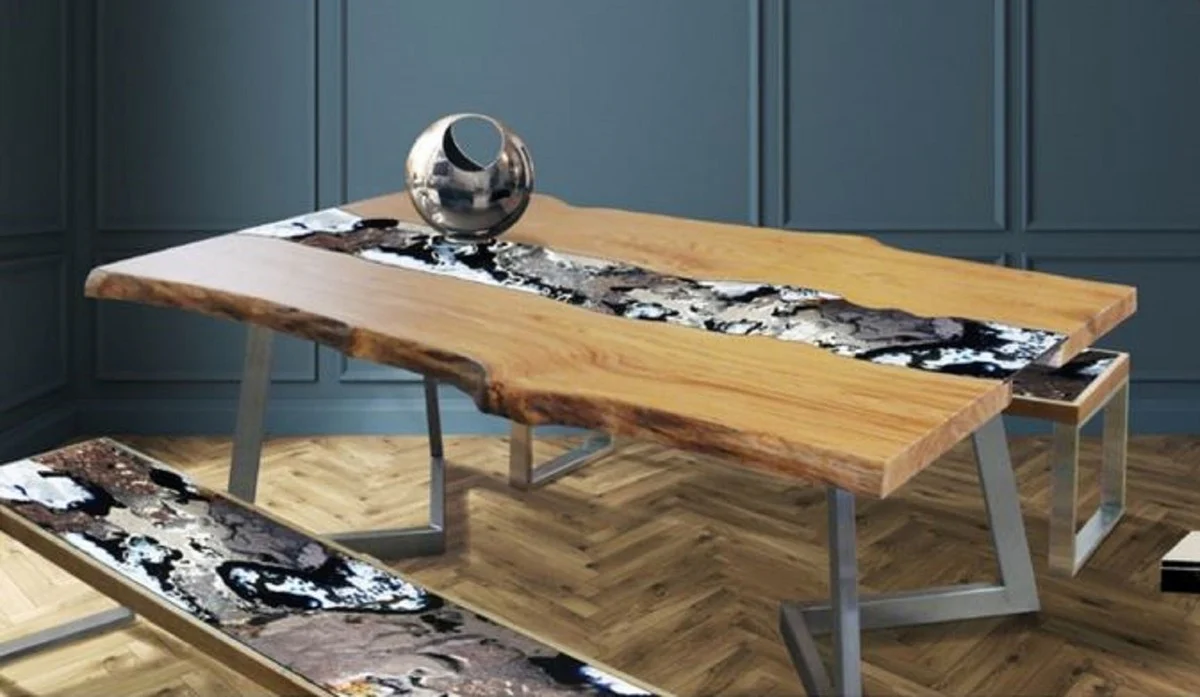 Luxus Esstisch Naturfarben / Mehrfarbig / Silber 200 x 100 x H. 75 cm - Moderner Massivholz Tisch mit edlem Lavastein und Edelstahl Gestell - Esszimmmer Möbel - Luxus Qualität