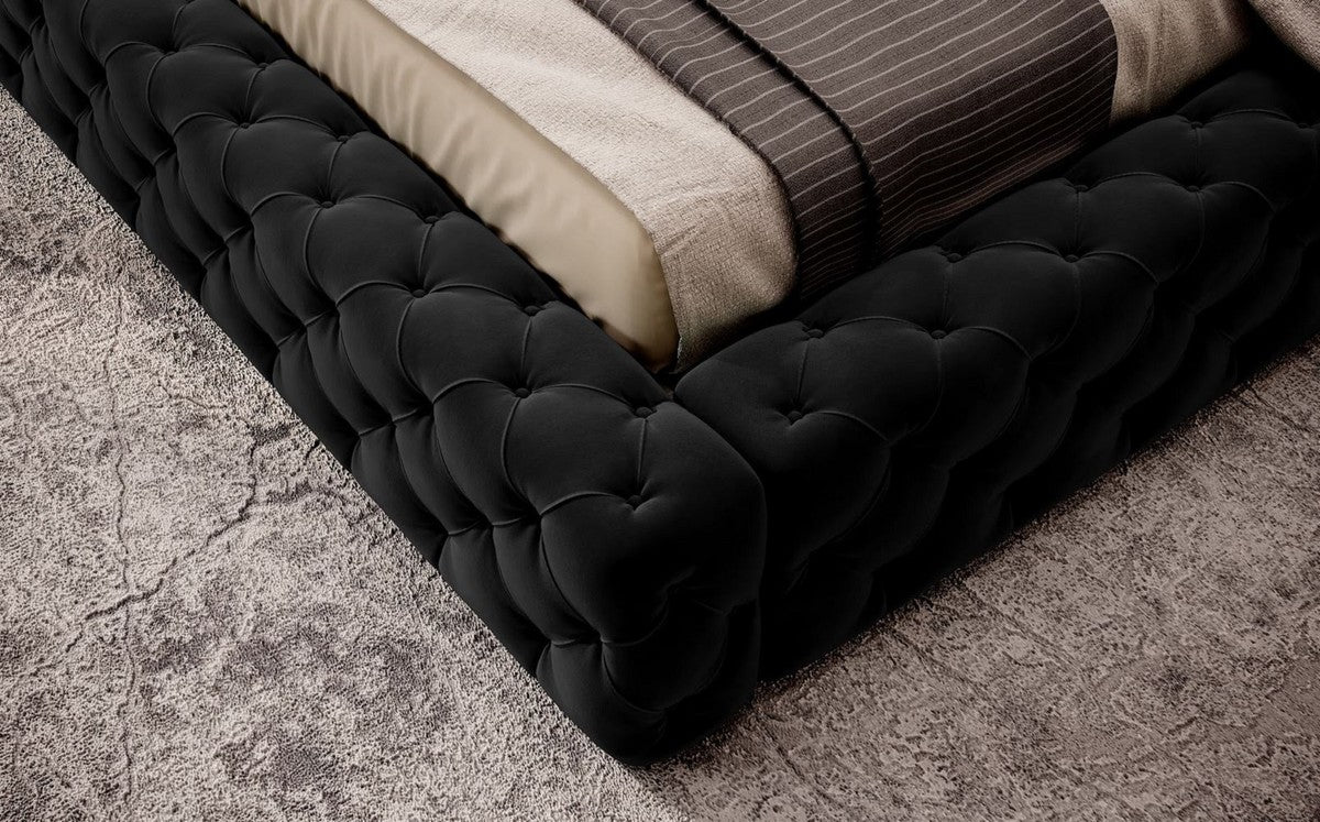 Luxus Chesterfield Samt Doppelbett mit Matratze Schwarz - Verschiedene Größen
