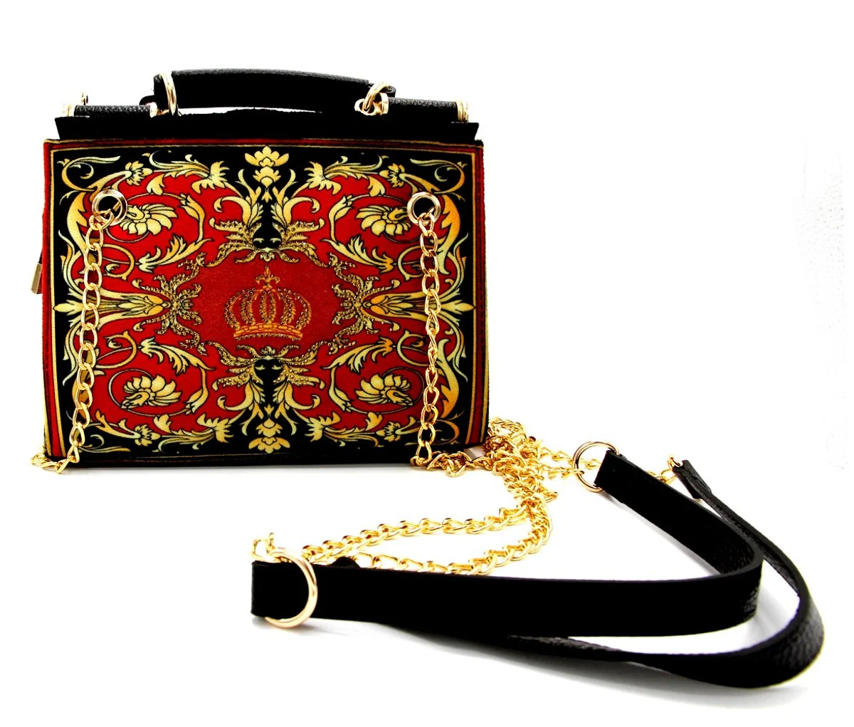 Pompöös by Luxus Damen Handtasche Baroque Flowers mit Krone und Strass Steine Bordeauxrot / Schwarz / Gold 25 x H. 20 cm - designed by Harald Glööckler