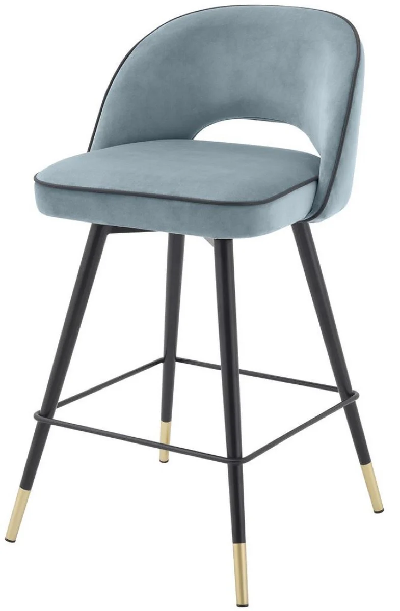 Luxus Barstuhl Set Blau / Schwarz / Messingfarben 51 x 52 x H. 103 cm - Barstühle mit drehbarer Sitzfläche und edlem Samtsoff - Luxus Bar Möbel