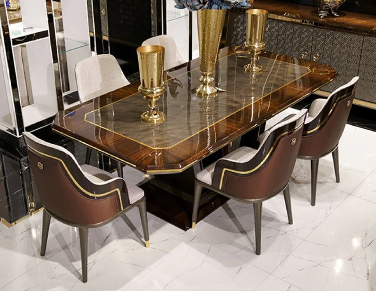 Luxus Esszimmer Set Grau / Braun / Gold - 1 Esstisch & 6 Esszimmerstühle - Luxus Esszimmer Möbel - Luxus Qualität