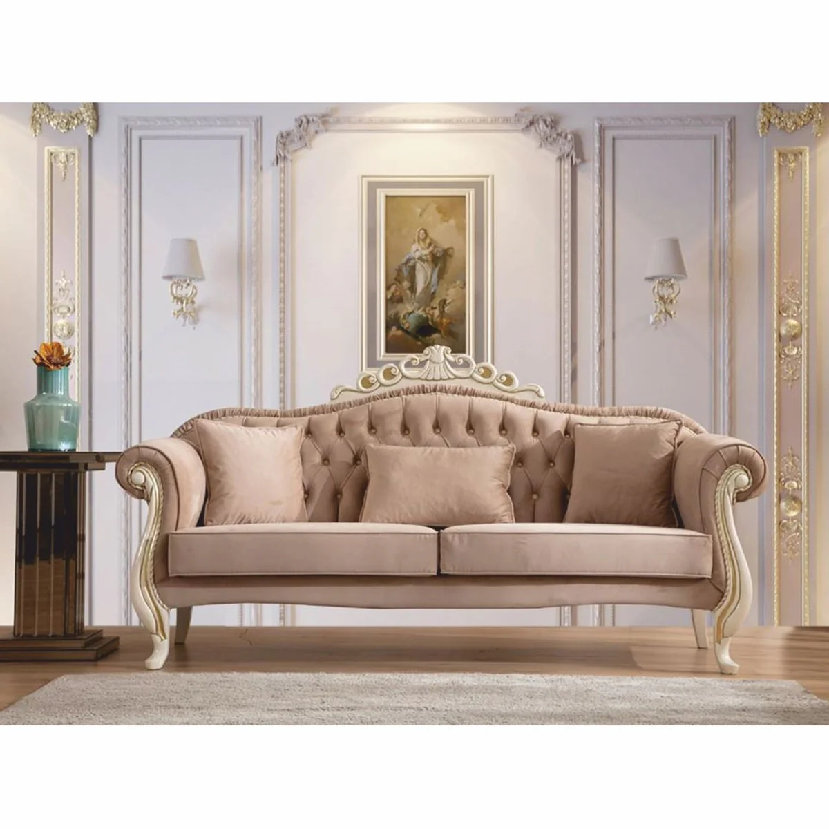 Luxus Barock Wohnzimmer Sofa Hellbraun / Weiß / Gold 210 cm - Barockstil Möbel
