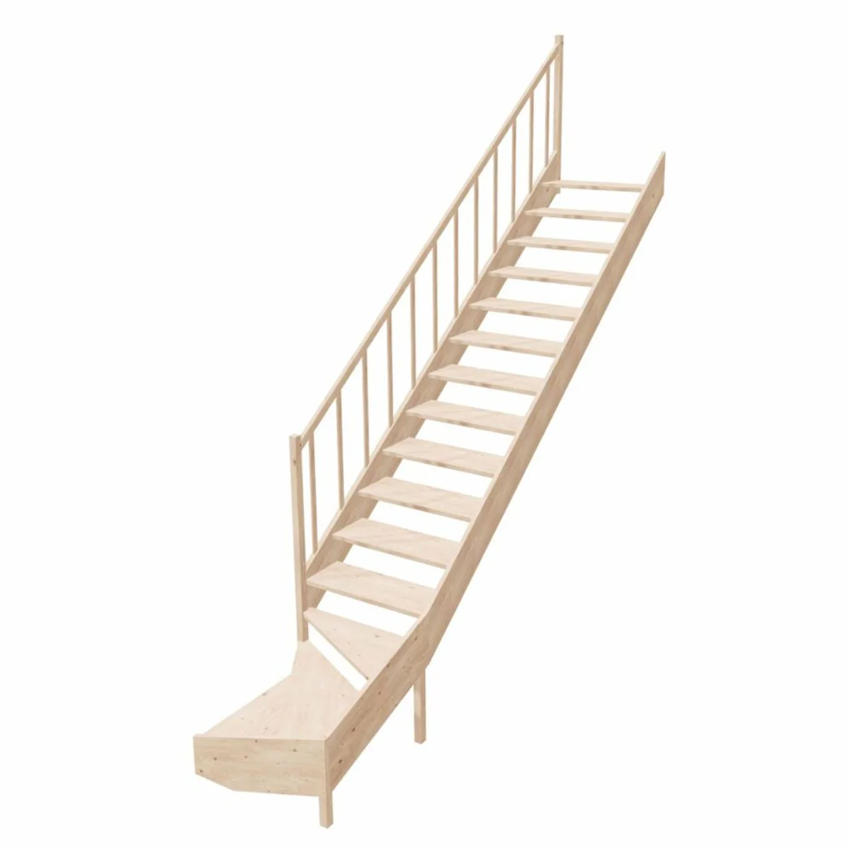 Luxus Eck-Holztreppe mit Geländer linke Seite Naturfarben H. 364 cm