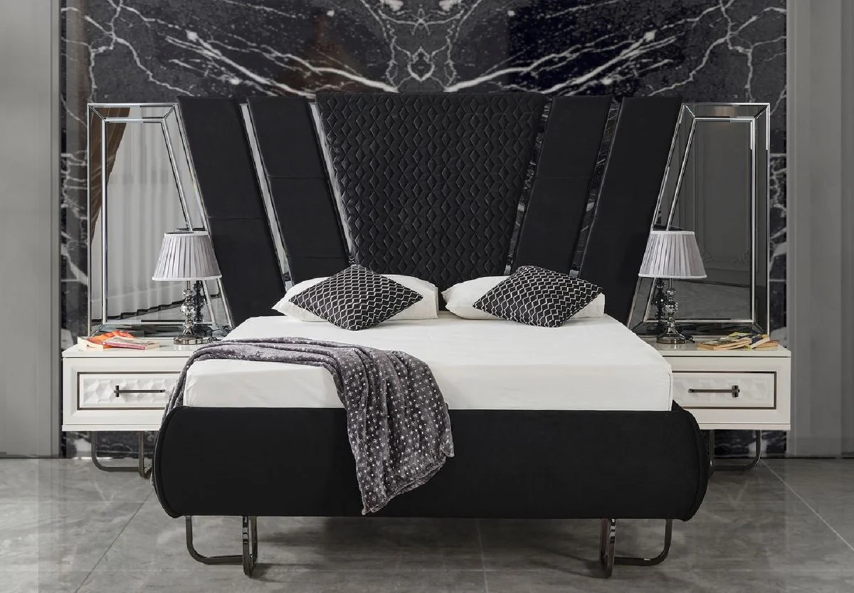 Luxus Art Deco Schlafzimmer Set Schwarz / Weiß / Bronze - 1 Doppelbett mit Kopfteil & 2 Nachtkommoden - Art Deco Schlafzimmer Möbel - Luxus Schlafzimmer Möbel - Luxus Einrichtung
