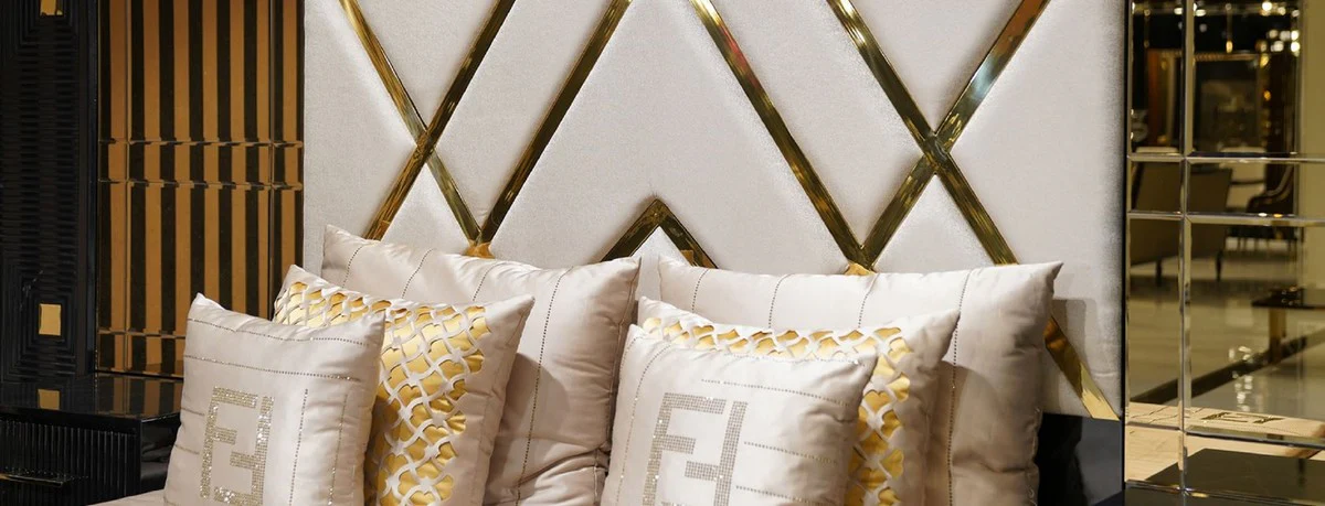 Luxus Schlafzimmer Set Creme / Schwarz / Gold - 1 Doppelbett mit verspiegeltem Kopfteil & 2 Nachtkommoden - Luxus Schlafzimmer Möbel - Luxus Schlafzimmer Einrichtung