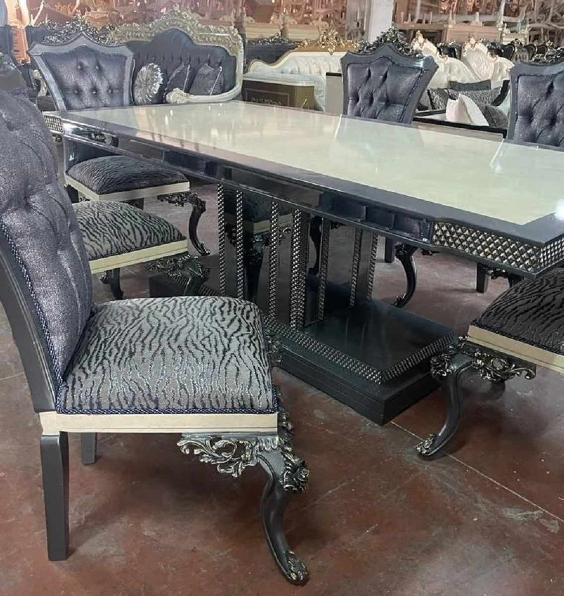 Luxus Barock Esszimmer Set Creme / Blau / Grau - 1 Barock Esstisch & 6 Barock Esszimmerstühle - Luxus Esszimmer Möbel im Barockstil - Prunkvolle Barock Esszimmer Möbel