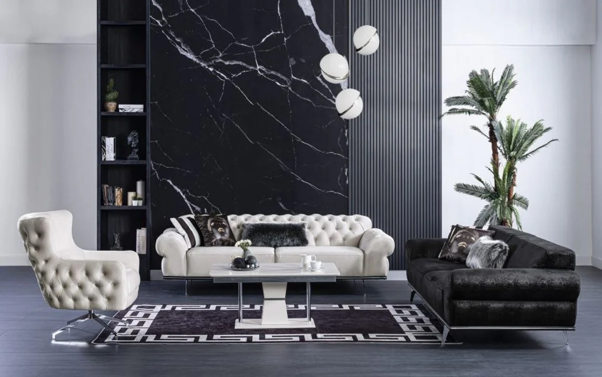 Luxus Art Deco Wohnzimmer Sofa Schwarz / Silber 240 x 95 x H. 63 cm - Luxus Wohnzimmer Möbel