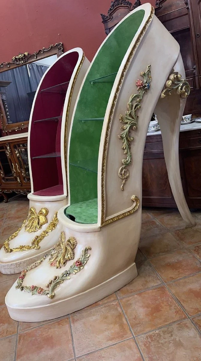 Luxus Barock High Heel Vitrine Lila / Creme / Gold - Handgefertigter Massivholz Damenschuh Vitrinenschrank - Prunkvolle Barock Möbel
