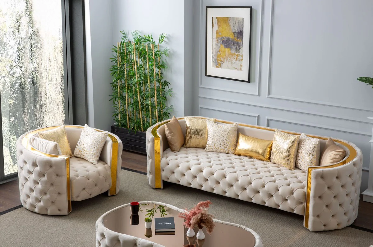 Luxus Chesterfield Couchtisch Creme 140 x 80 x H. 45 cm - Wohnzimmertisch mit Glasplatte - Wohnzimmer Möbel - Chesterfield Möbel - Luxus Möbel - Luxus Einrichtung