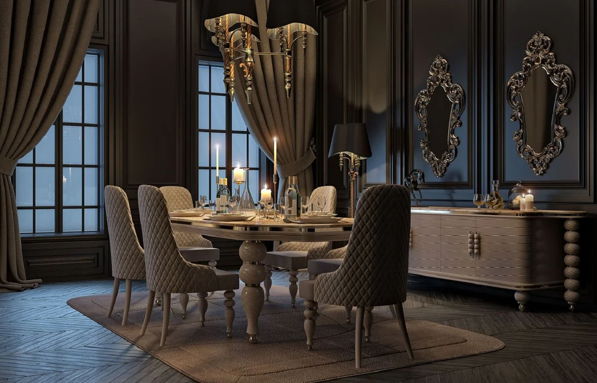 Luxus Art Deco Esszimmer Set Grau / Weiß / Gold - 1 Art Deco Esstisch mit Kunstmarmor Tischplatte & 6 Art Deco Esszimmerstühle - Art Deco Esszimmer Möbel - Luxus Qualität