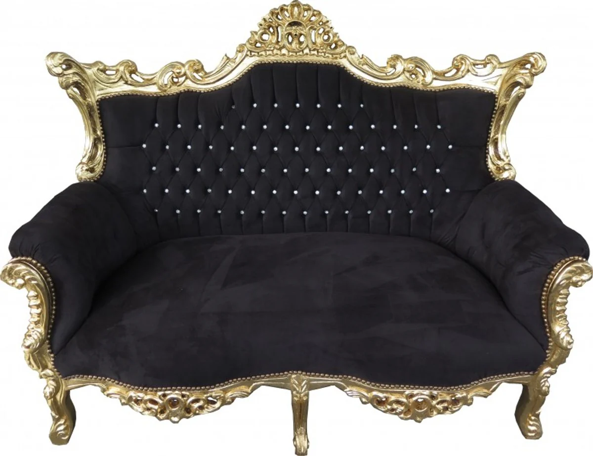 Barock 2-er Sofa Master Schwarz / Gold mit Bling Bling Glitzersteinen - Antik Stil Möbel