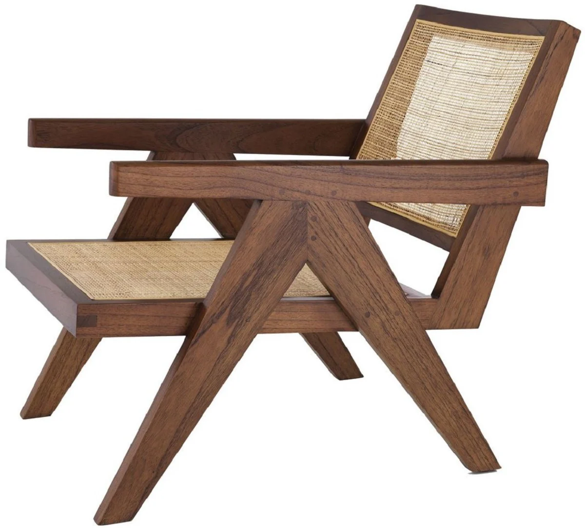 Designer Stuhl Braun / Naturfarben 58 x 82 x H. 70 cm - Massivholz Stuhl mit Armlehnen und handgewebtem Rattangeflecht - Luxus Wohnzimmer Möbel