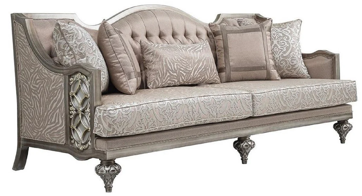 Luxus Barock Wohnzimmer Sofa Rosa / Silber - Handgefertigtes Massivholz Sofa mit elegantem Muster und dekorativen Kissen - Wohnzimmer Möbel im Barockstil
