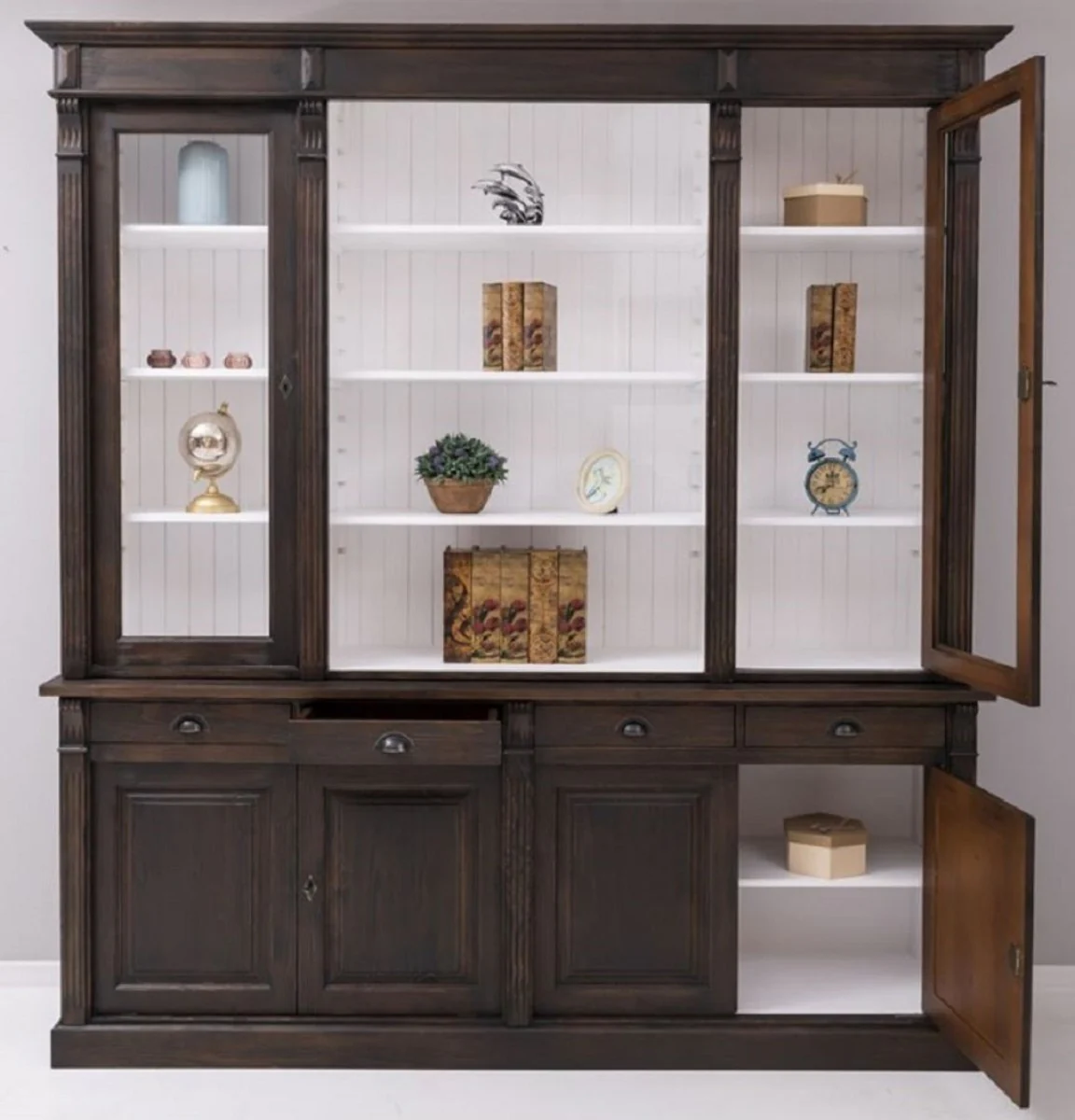 Landhausstil Esszimmerschrank Dunkelbraun / Weiß 223 x 51 x H. 240 cm - Massivholz Schrank - Küchenschrank - Landhausstil Esszimmer Möbel