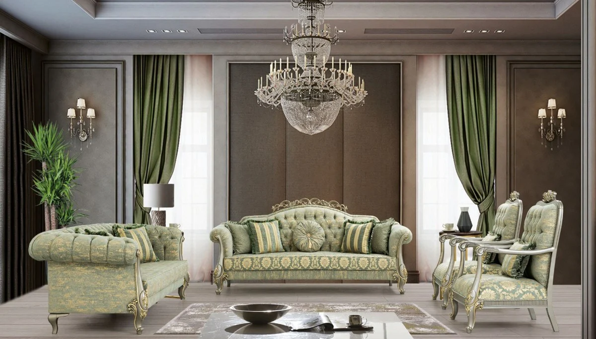 Luxus Barock Wohnzimmer Set Grün / Gold / Grau / Gold - 2 Sofas & 2 Sessel - Wohnzimmer Möbel im Barockstil - Edel & Prunkvoll