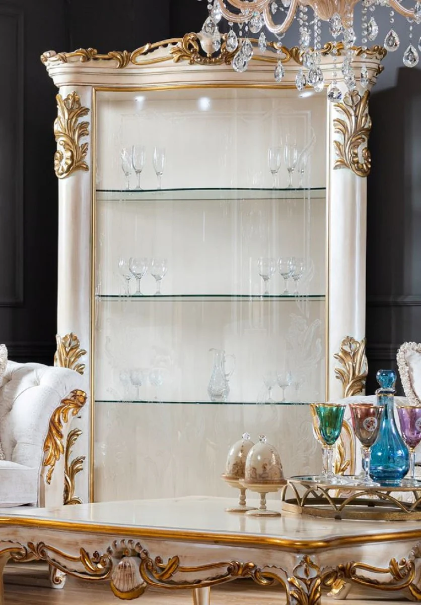 Luxus Barock Vitrine Weiß / Beige / Gold - Handgefertigter Massivholz Vitrinenschrank mit Glastür - Barock Möbel