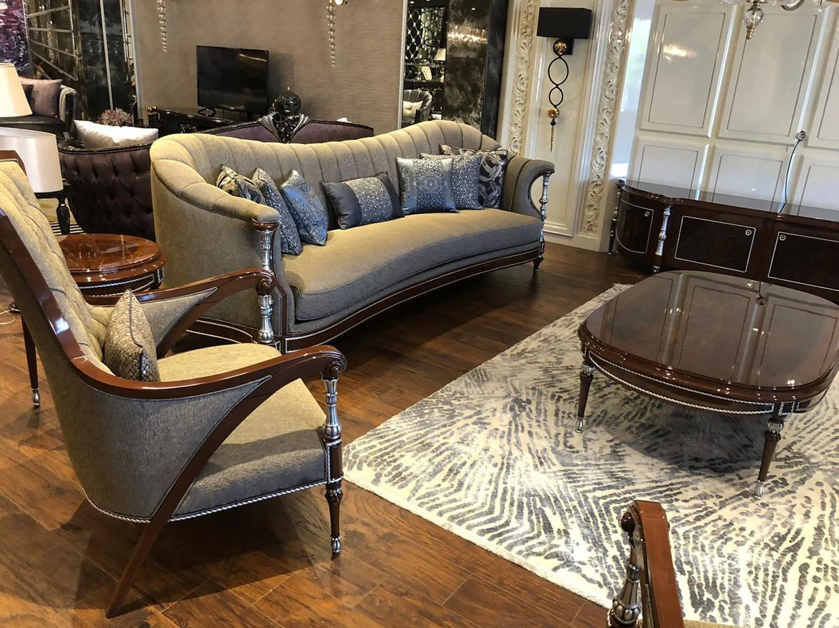 Luxus Barock Couchtisch Braun / Silber 144 x 92 x H. 45 cm - Ovaler Massivholz Wohnzimmertisch - Edle Barock Wohnzimmer Möbel