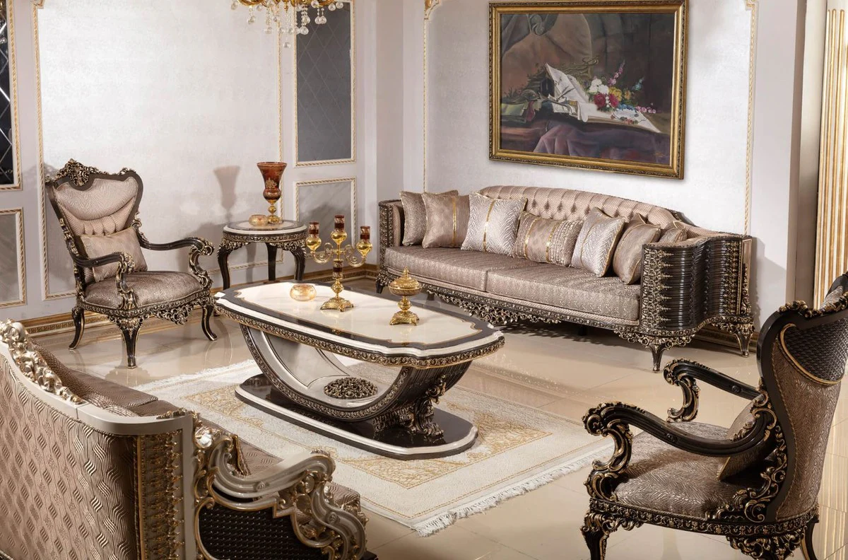 Luxus Barock Sofa Grau / Dunkelbraun / Gold 282 cm