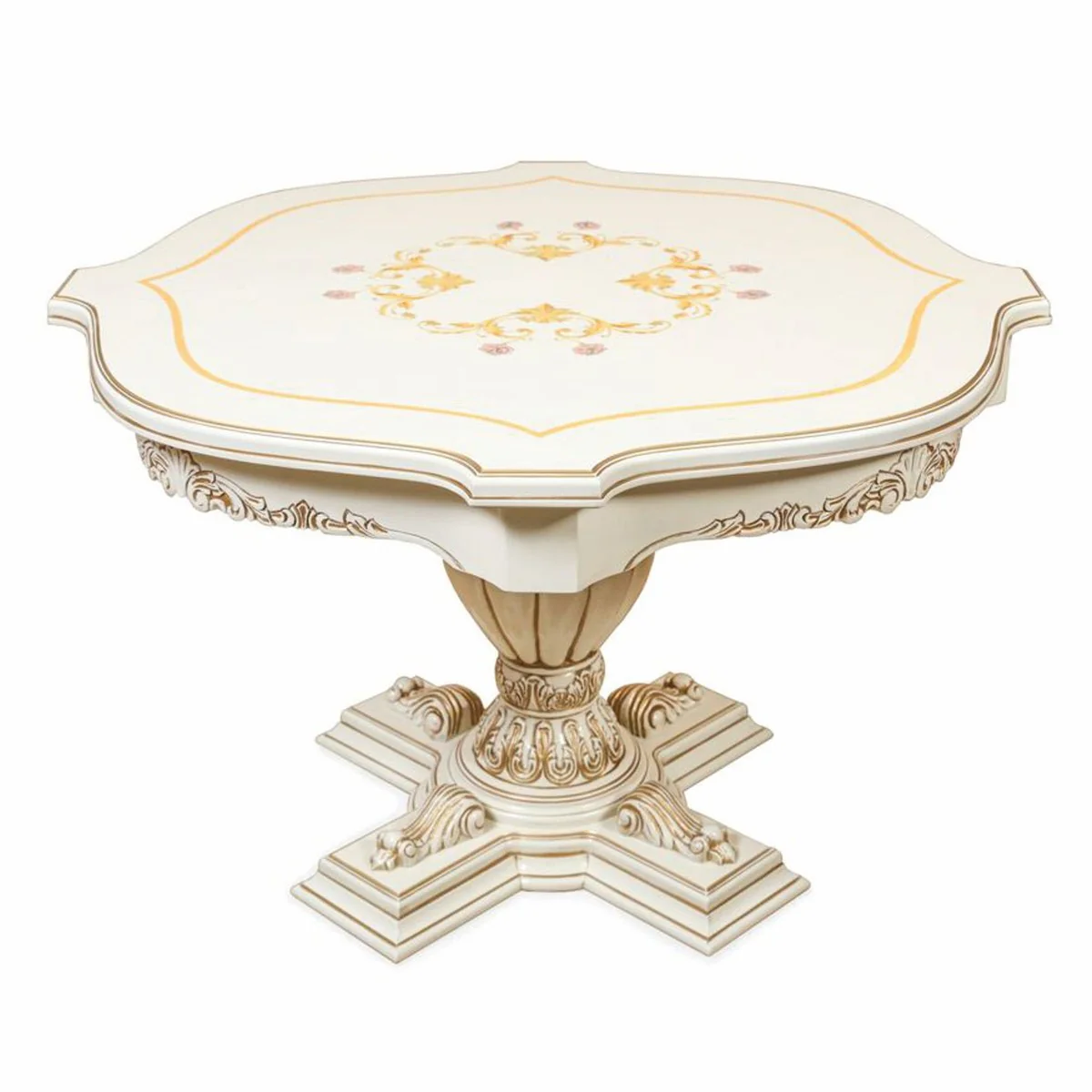 Luxus Barock Esstisch Weiß / Braun Ø 120 cm - Barock Esszimmer Möbel