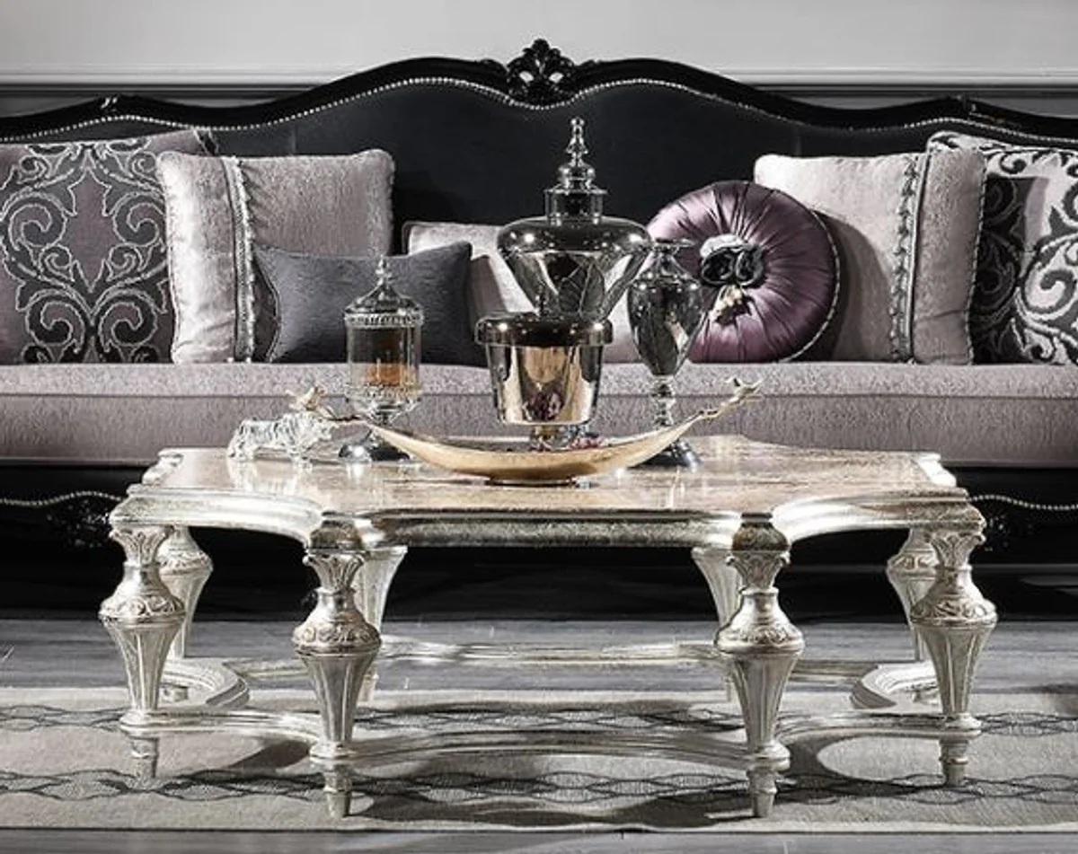 Luxus Barock Couchtisch Antik Silber 134 x 134 x H. 46 cm - Prunkvoller Massivholz Wohnzimmertisch - Luxus Qualität