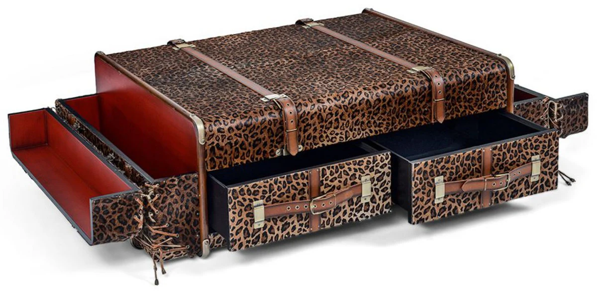 Luxus Couchtisch in Koffer Optik Leopard / Braun / Messing 140 x 85 x H. 43 cm - Koffer Wohnzimmertisch mit Schubladen und Barfächer - Wohnzimmer Möbel - Luxus Möbel in Koffer Optik