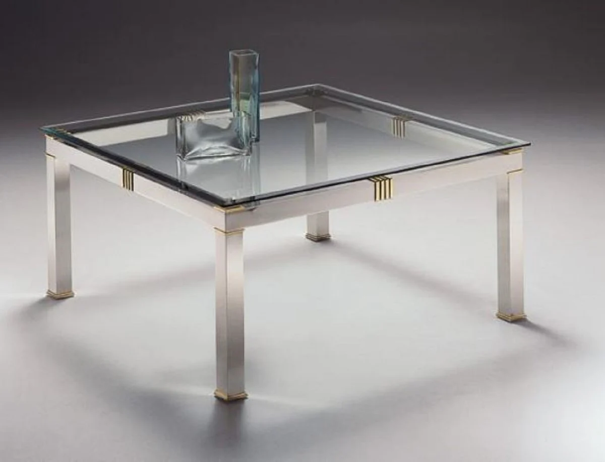 Luxus Couchtisch Silber / Messingfarben 100 x 100 x H. 48 cm - Quadratischer Messing Wohnzimmertisch mit Glasplatte - Wohnzimmer Möbel - Luxus Qualität