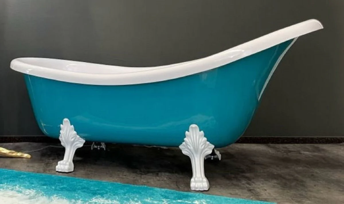 Luxus Jugendstil Badewanne Türkis / Weiß 174 x 83 x H. 81 cm - Freistehende Retro Badewanne mit Löwenfüßen - Retro Badezimmer Möbel